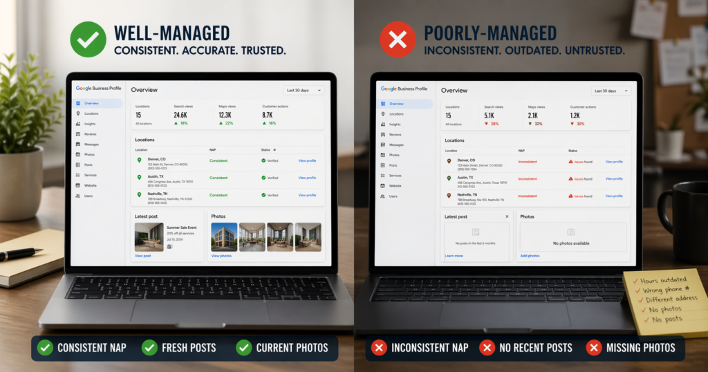 Split-screen comparison of a Google Business Profile dashboard showing a well-managed account with consistent NAP details, fresh posts, and updated photos on one side, and a poorly managed account with inconsistent information, outdated hours, and missing content on the other.