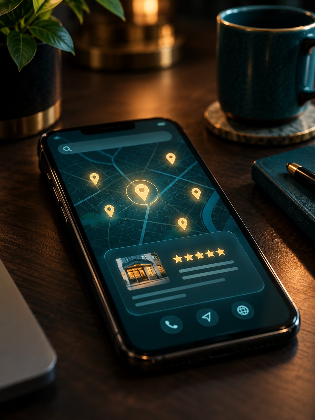 Phone showing local map results and a five-star business listing